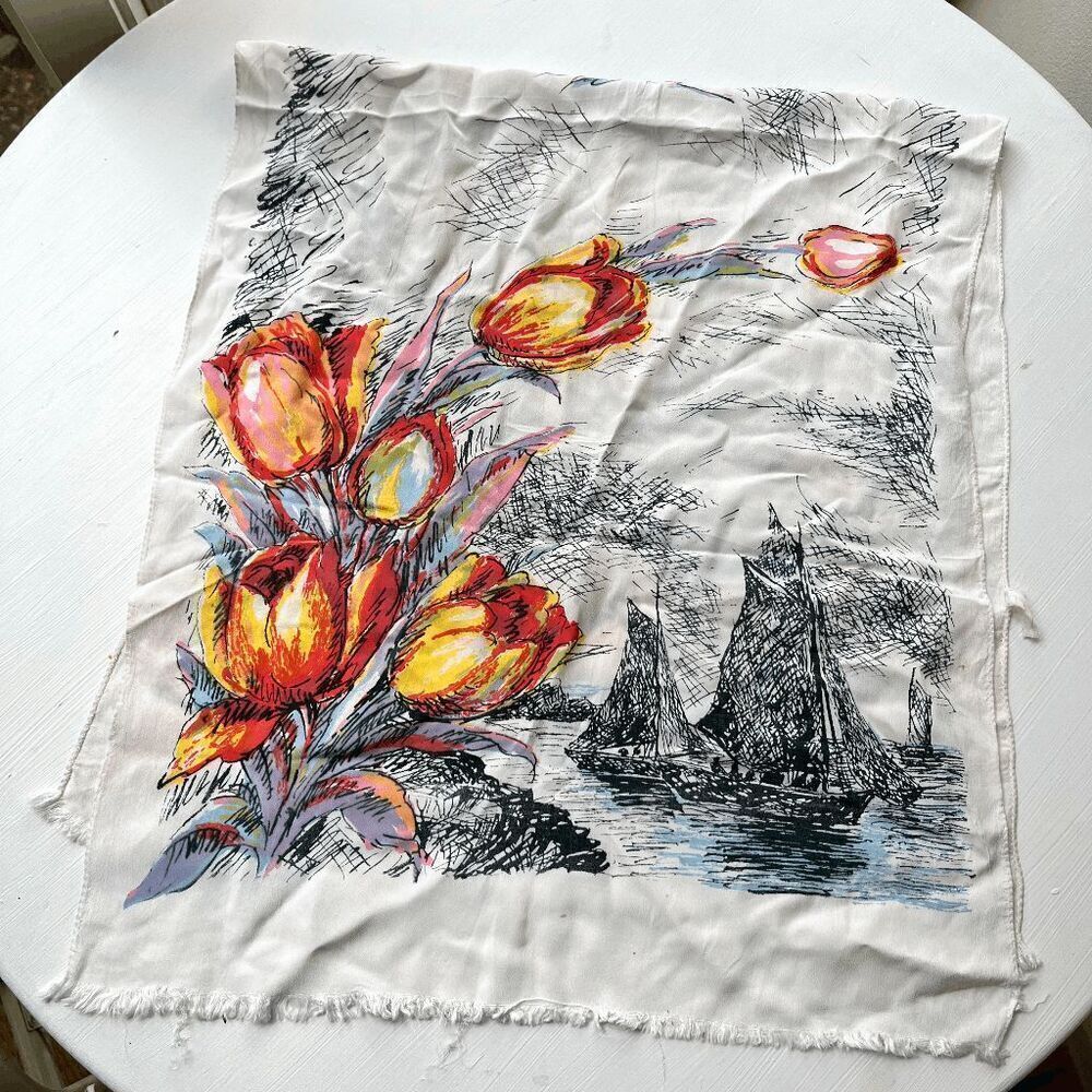 Vintage Sally Gee Scarf | Painterly Boats, Flowers & Landscape | 18.5” x 38”